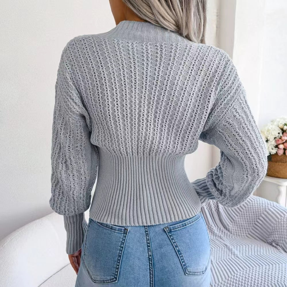 Knitted sweater for women with V-neck and fine mesh structure Lune London