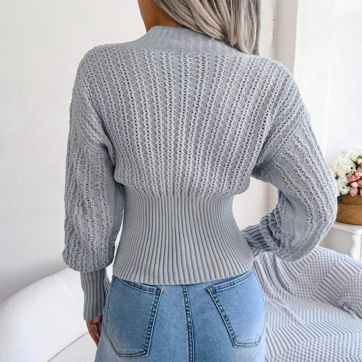 Knitted sweater for women with V-neck and fine mesh structure Lune London
