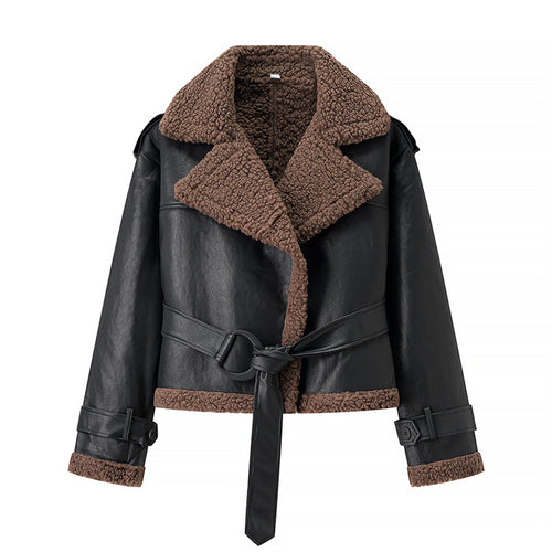 Fashion faux leather jacket for women with cozy lining and tie belt Lune London