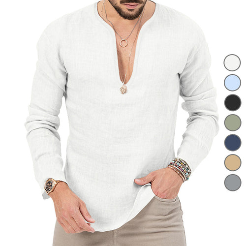 Men's casual linen shirt with deep V-neck and comfortable fit Lune London