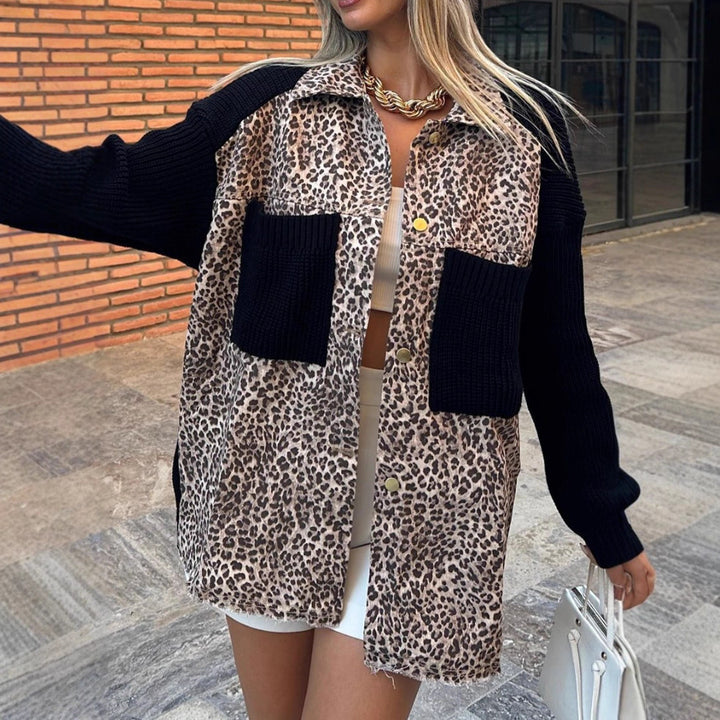 Fashion leopard jacket for ladies with knitted sleeves and practical pockets Lune London