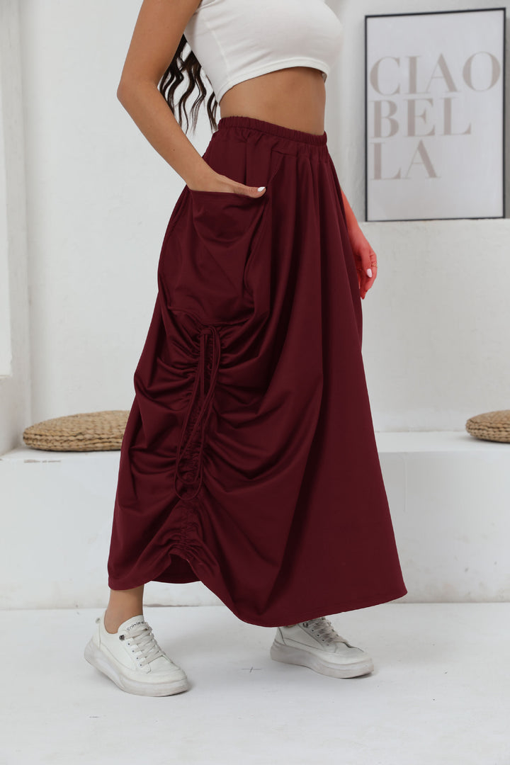 Maxi skirt for women with side gathers and practical pockets Lune London