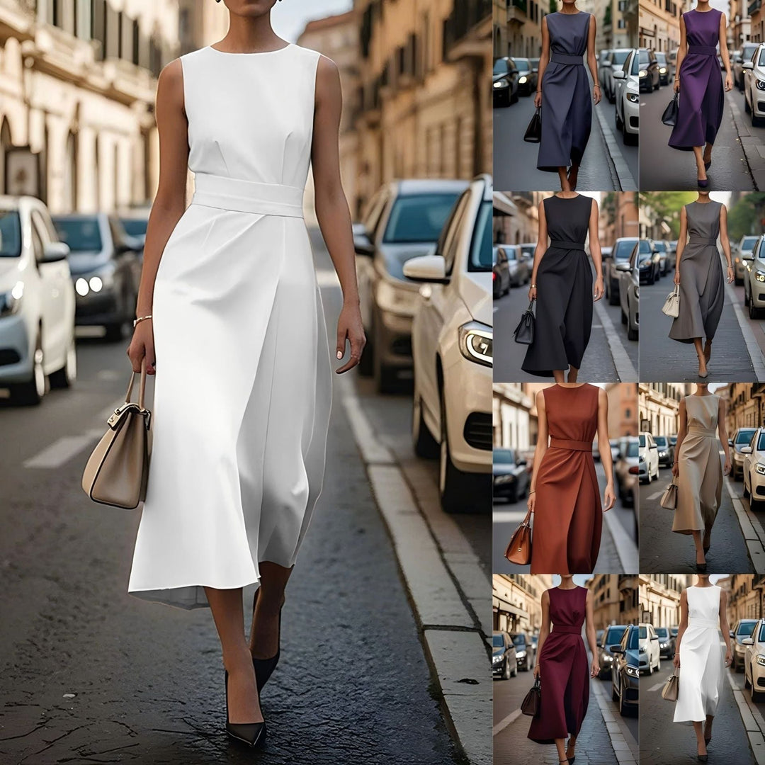 Women Elegant and Flowing Maxi Dress with Waist Belt Lune London