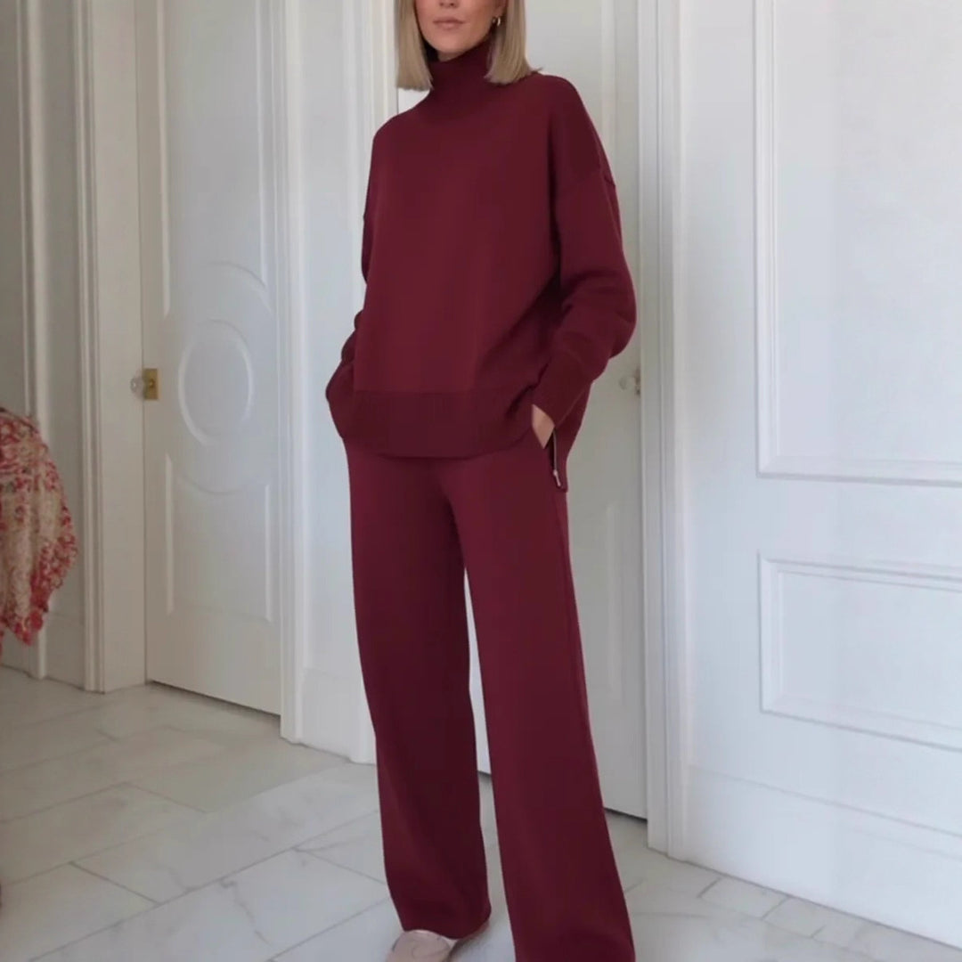 Ensemble de vêtements d'intérieur tricoté confortable pour femmes avec un sweat à col montant et un pantalon large Chic & Stil