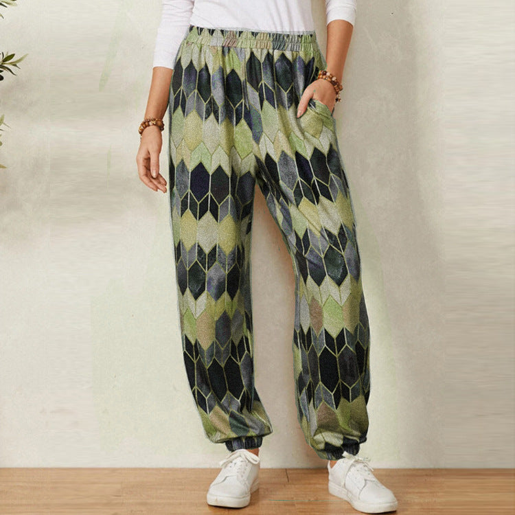 Leisure pants for women with modern geometric pattern and elastic waistband Lune London