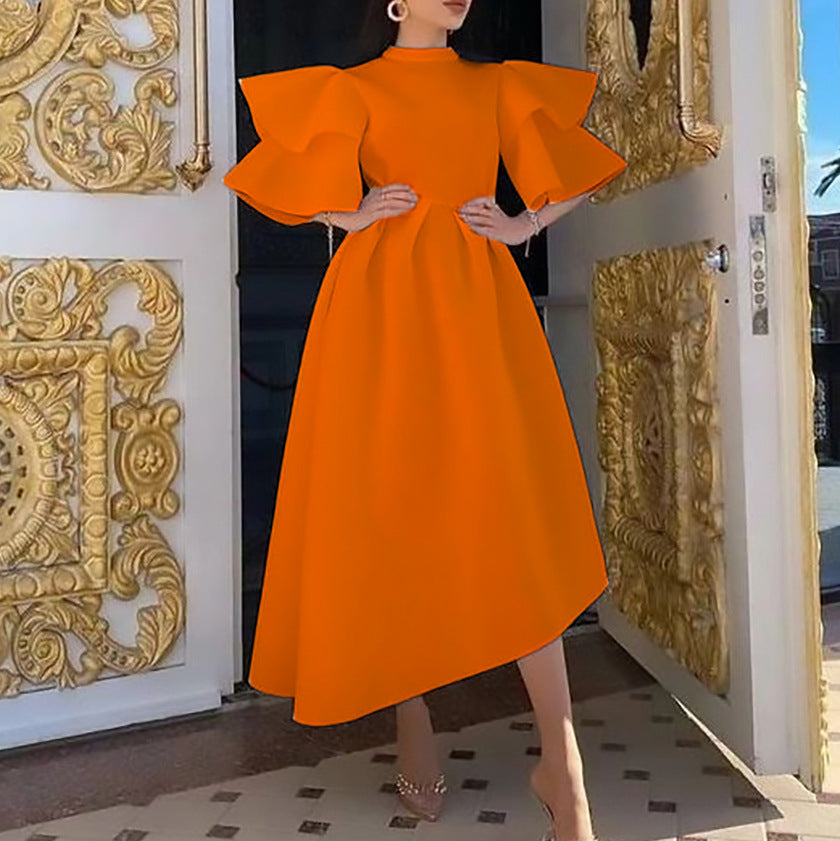 Midi dress for women with voluminous puff sleeves and an asymmetrical hem Lune London