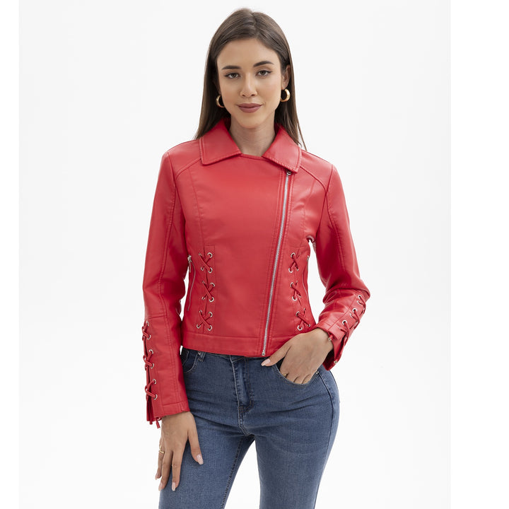 Faux leather jacket for women with refined lace details Lune London
