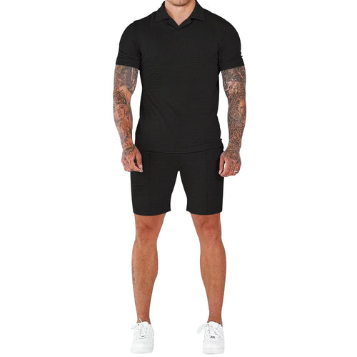 Casual short-sleeve men’s set with textured design and modern mock collar Lune London