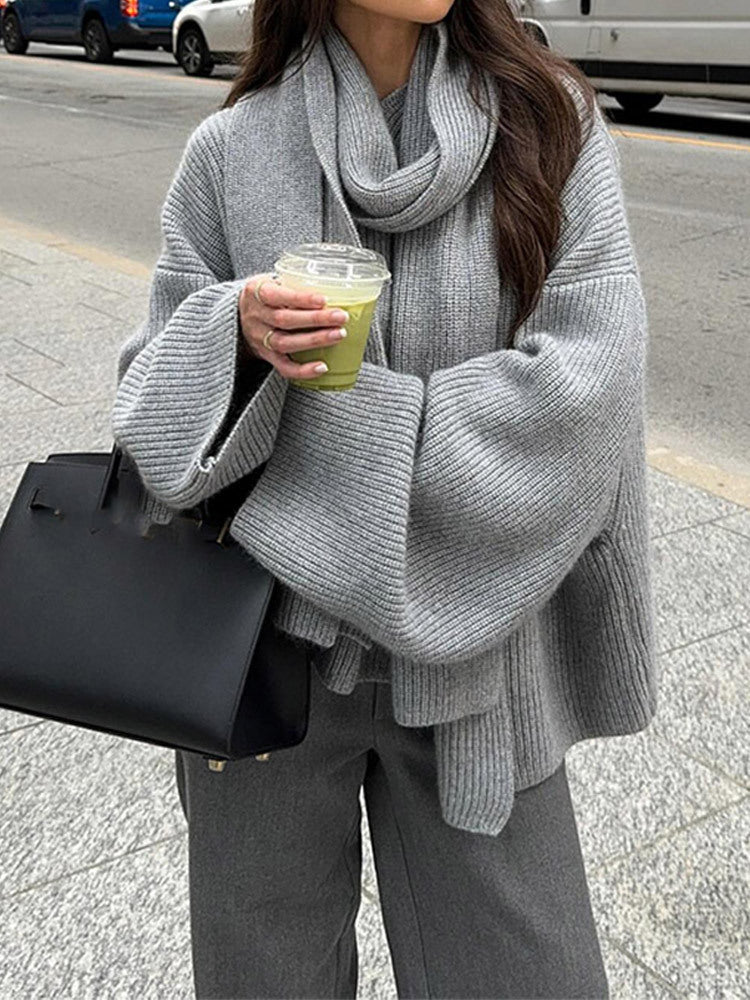 Ladies loose-knit cardigan with soft scarf Lune London