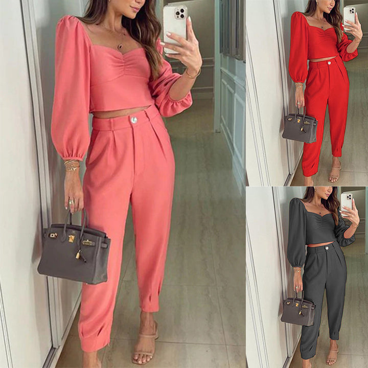 Lune London fashionable women's set with puff sleeves and high-waisted pants