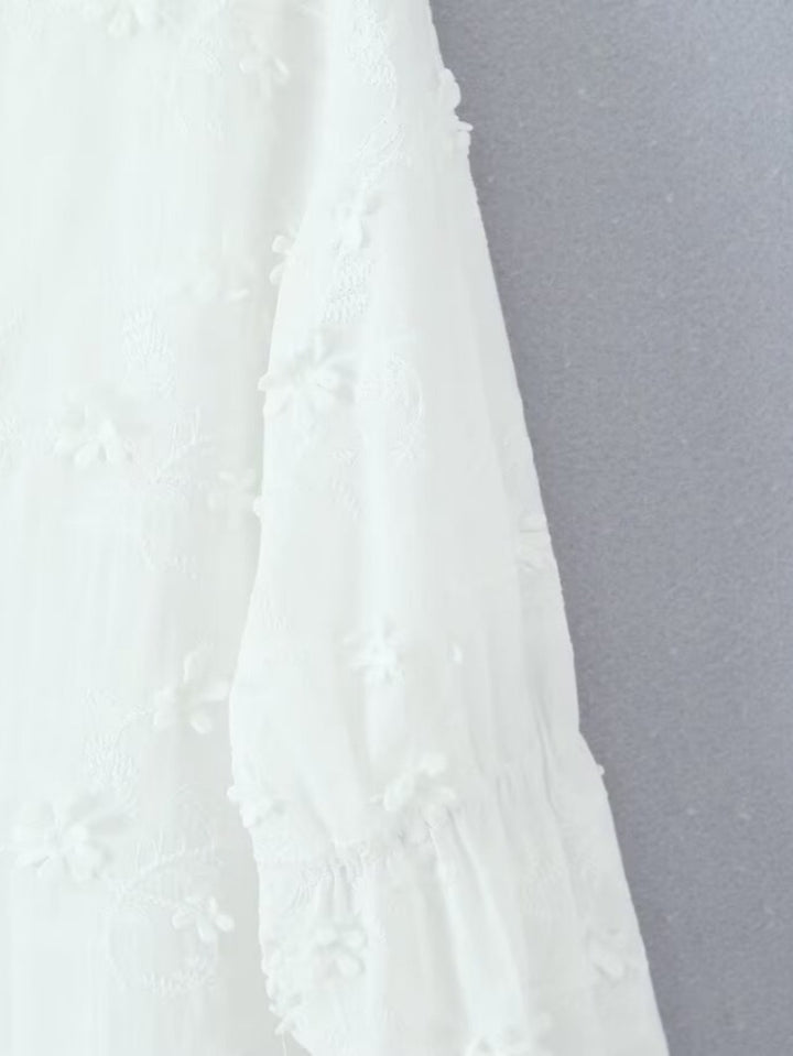 Airy tunic dress for women with floral embroidery and lace hem Lune London