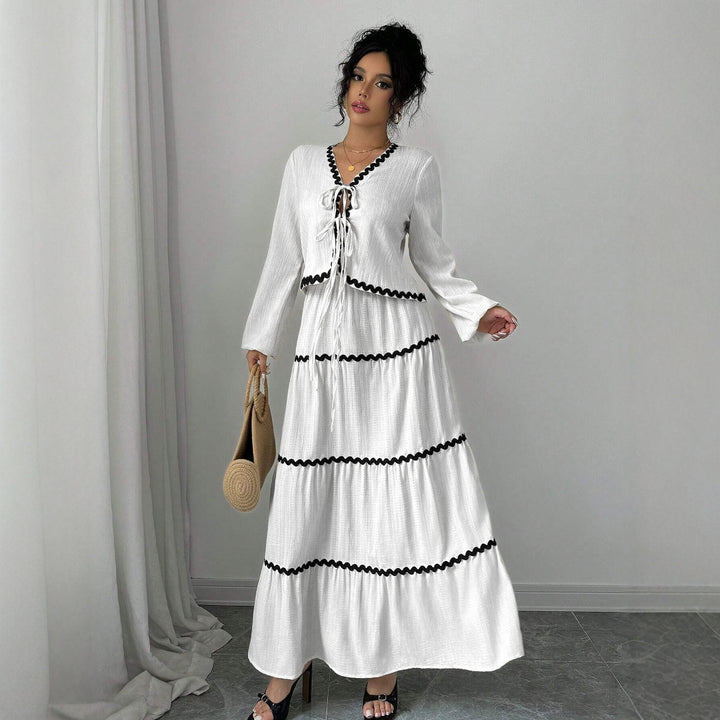 Maxi dress for women with elegant gathers and contrasting bias Lune London