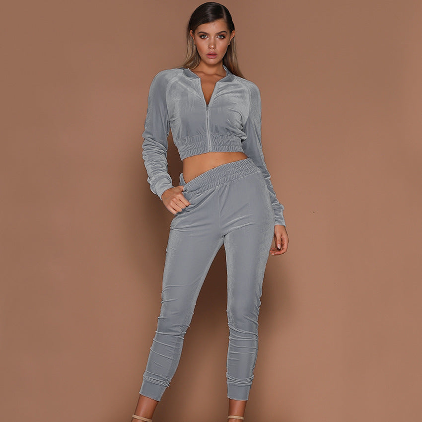 Velour tracksuit for women with high zipper and elastic waist Lune London