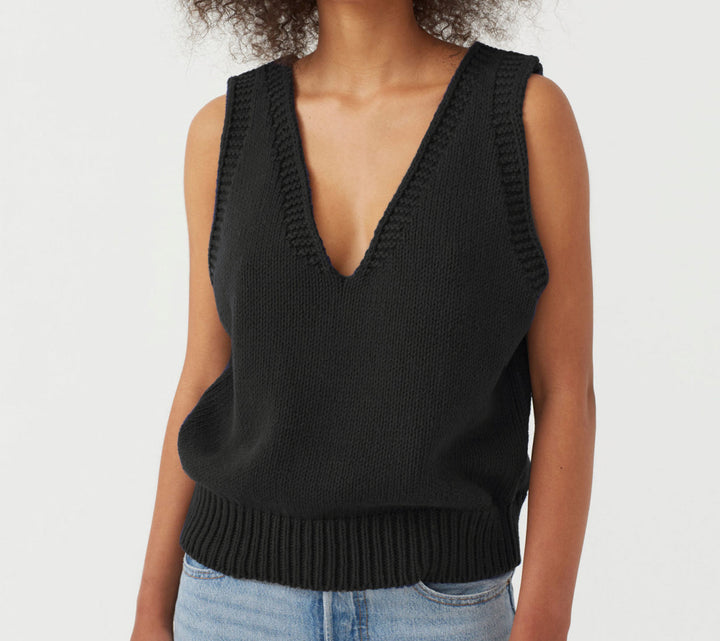 Women's stylish knit top with deep V-neck and wide straps Lune London