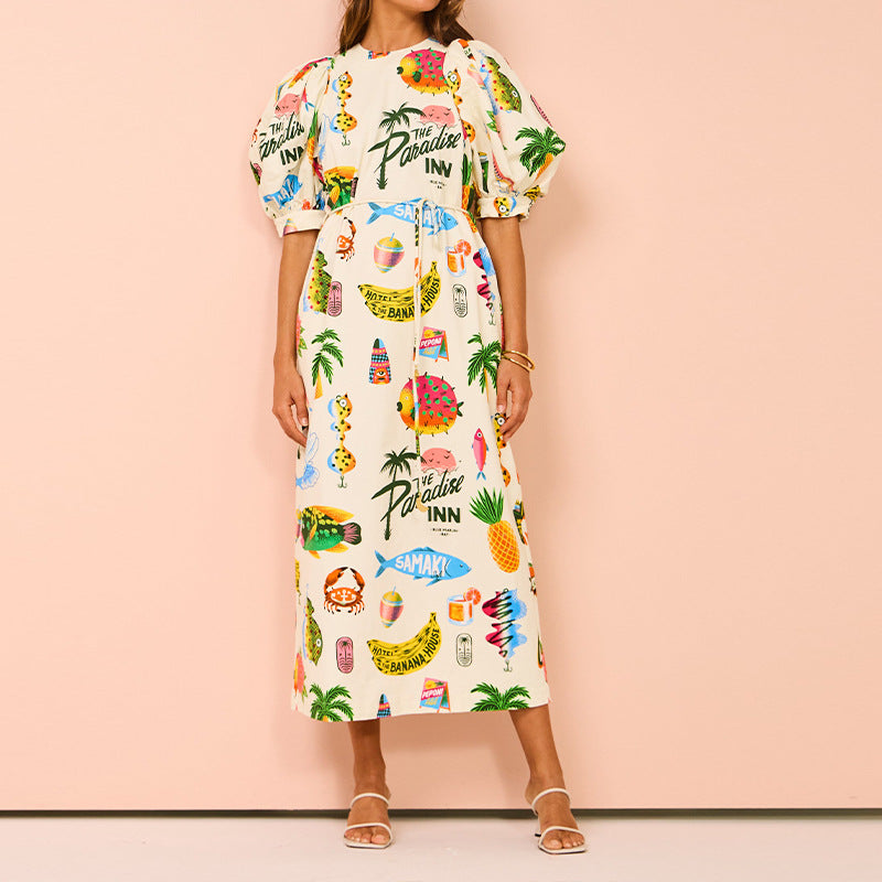 Robe Maxi Femme avec Manches Bouffantes et Imprimé Estival Coloré Chic & Stil