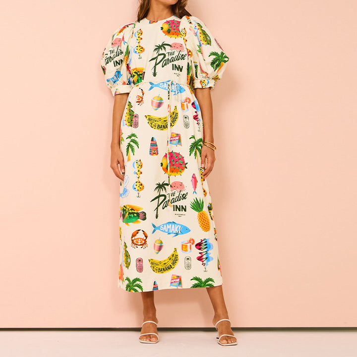 Robe Maxi Femme avec Manches Bouffantes et Imprimé Estival Coloré Chic & Stil