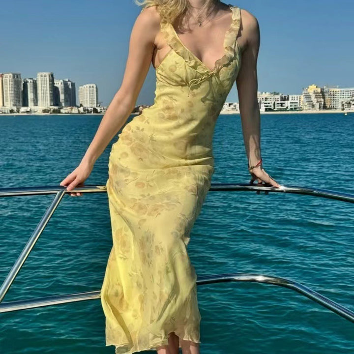 Maxi dress for women with floral lace embellishments and elegant V-neck Lune London