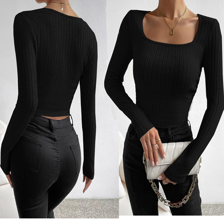 Ladies Long Sleeve Top with Ribbed Design and Rectangle Neckline Lune London