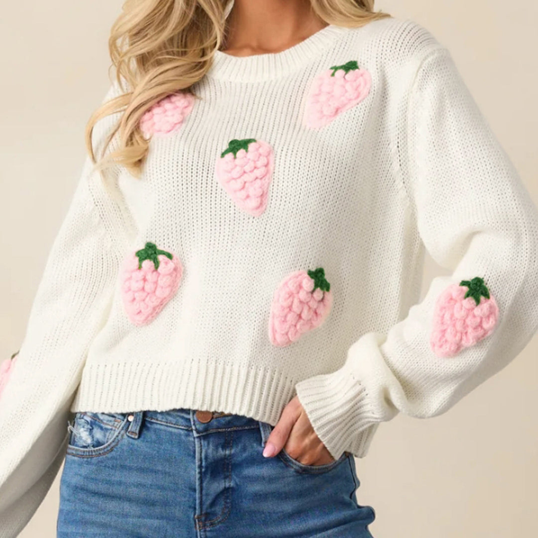 Knit sweater for women with strawberry appliqués and a relaxed fit Lune London