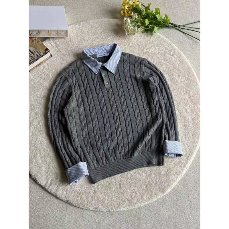 Knitted sweater for women with decorative braided pattern and high collar Lune London