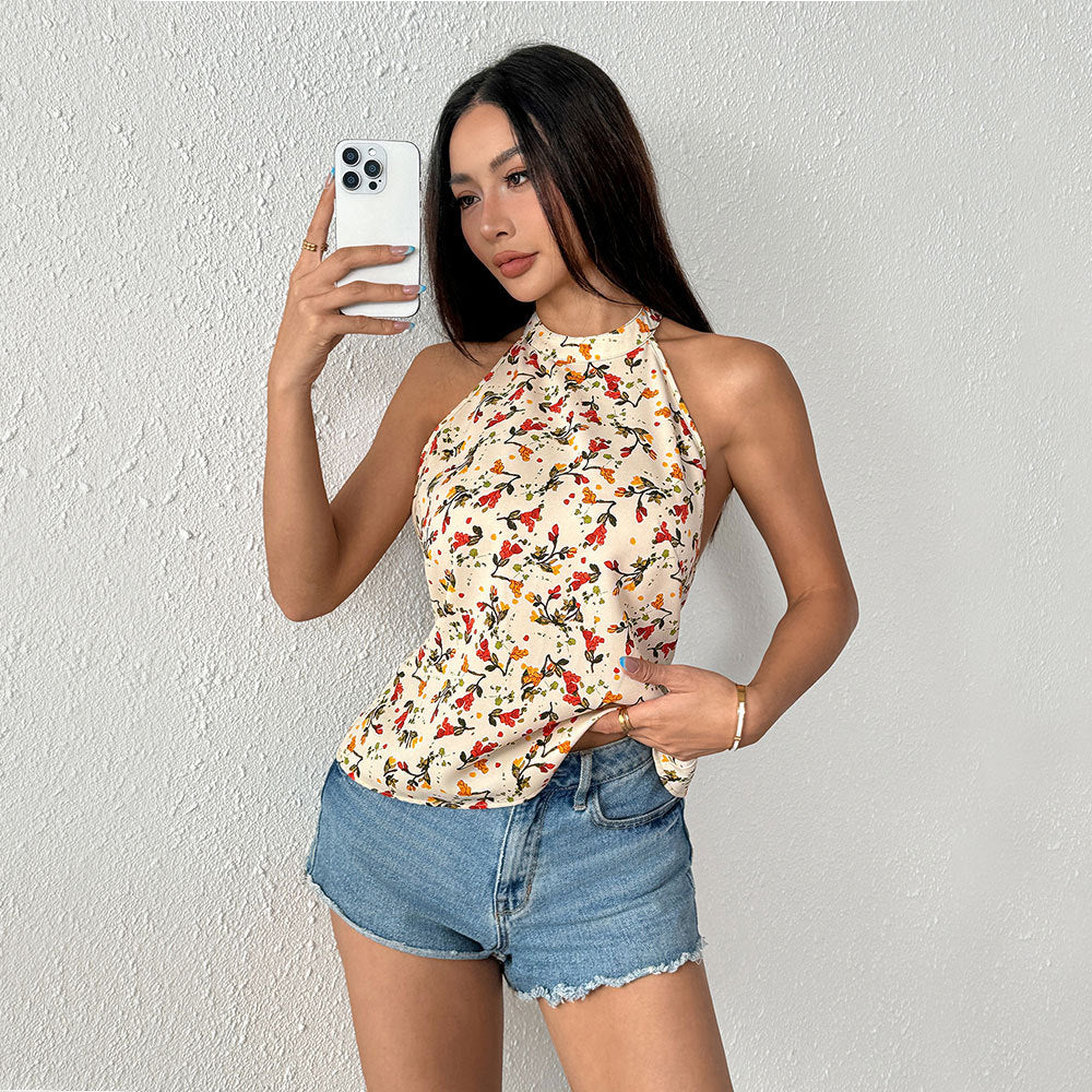 Haut de maillot de bain à dos nu pour femmes avec design floral et ourlet évasé Chic & Stil