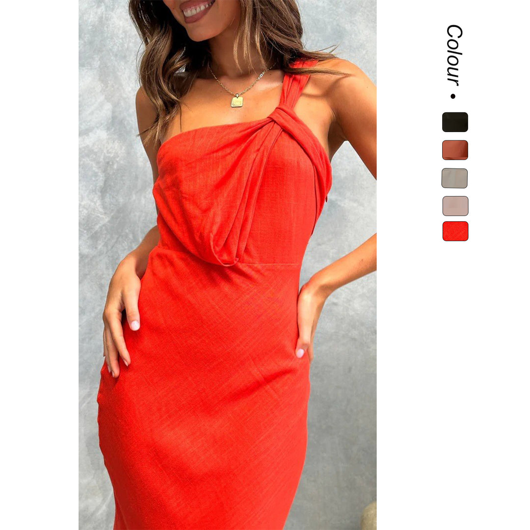 Women's Elegant Long Dress with Asymmetric Strap and Stylish Draping Detail Lune London