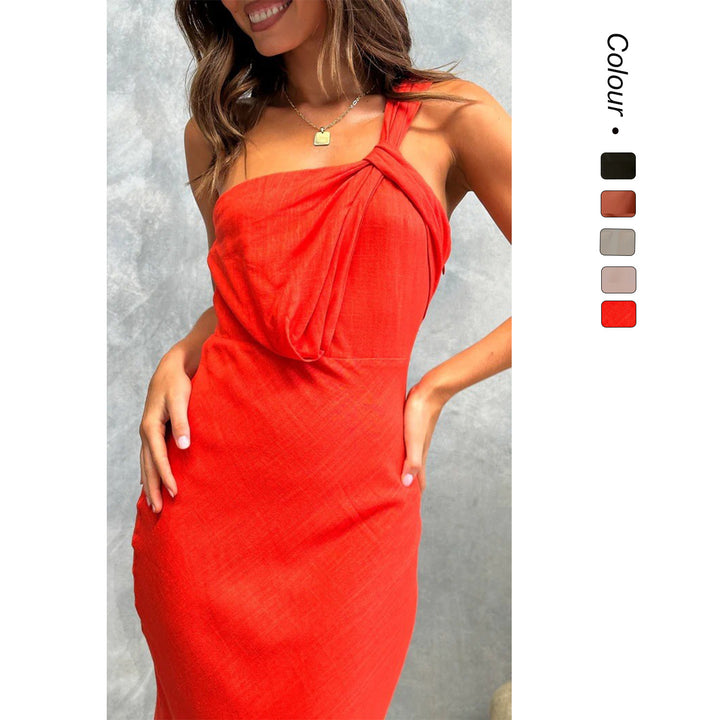 Women's Elegant Long Dress with Asymmetric Strap and Stylish Draping Detail Lune London