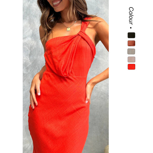 Women's Elegant Long Dress with Asymmetric Strap and Stylish Draping Detail Lune London