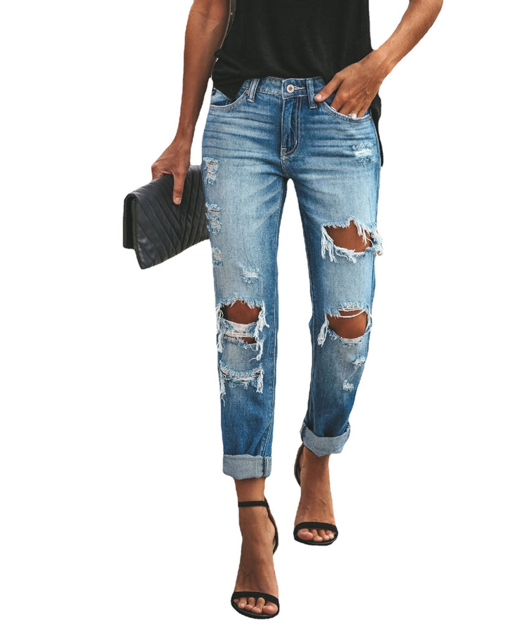 Ladies' Boyfriend Jeans with stylish distressed details and high waist Lune London