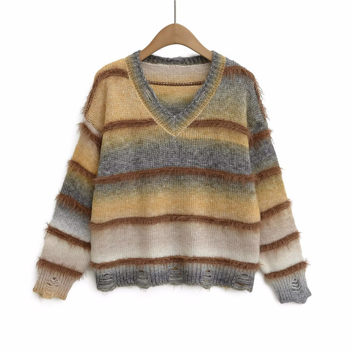 Casual women's sweater with V-neck and striped pattern Lune London