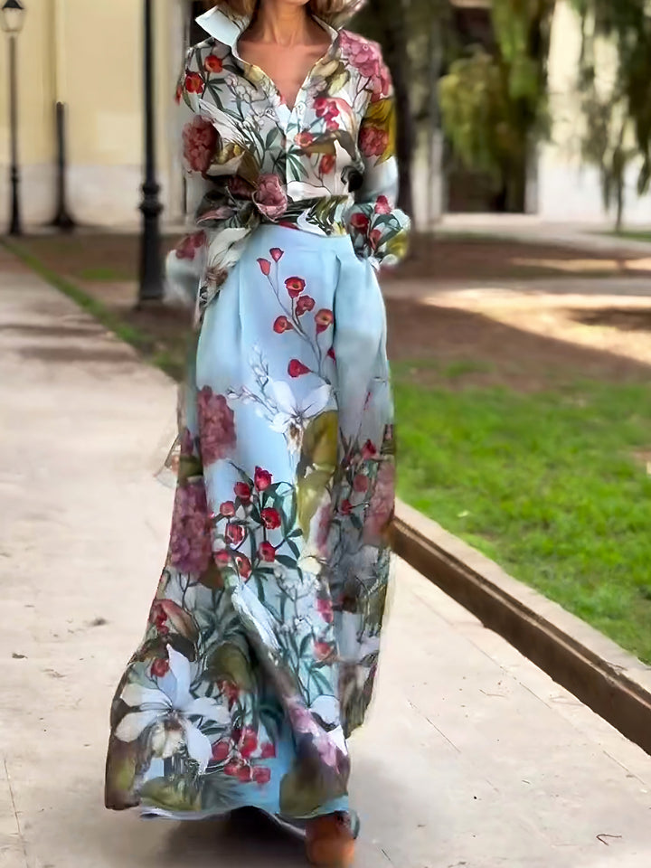 Ladies Elegant Maxi Dress with Floral Pattern and Beautiful Chic Belt and Style