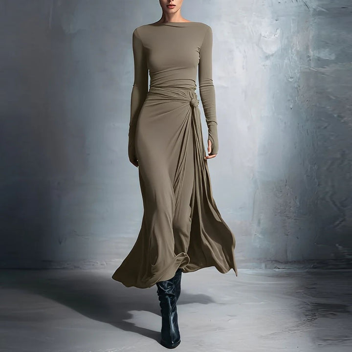 Women's elegant evening dress with long sleeves and wrap design Lune London
