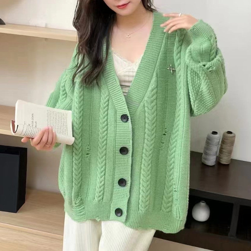 Ladies chunky knit cardigan with deep V-neckline and button details Lune London