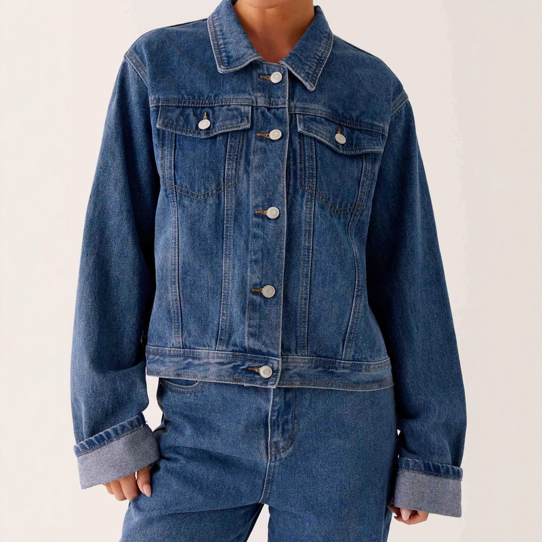 Women trendy denim jacket in casual cut with patch pockets and button details Lune London