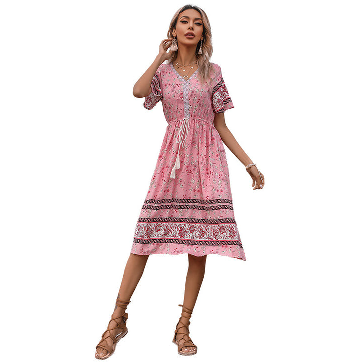 Bohemian casual mid-length dress for women with fringe tie detail Lune London