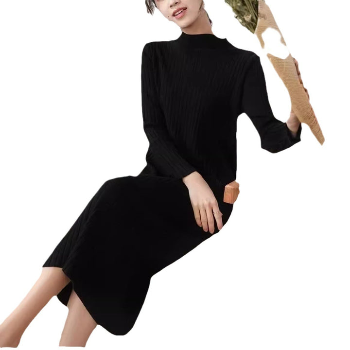 Knit dress for women with a fine ribbed texture and a high collar Lune London