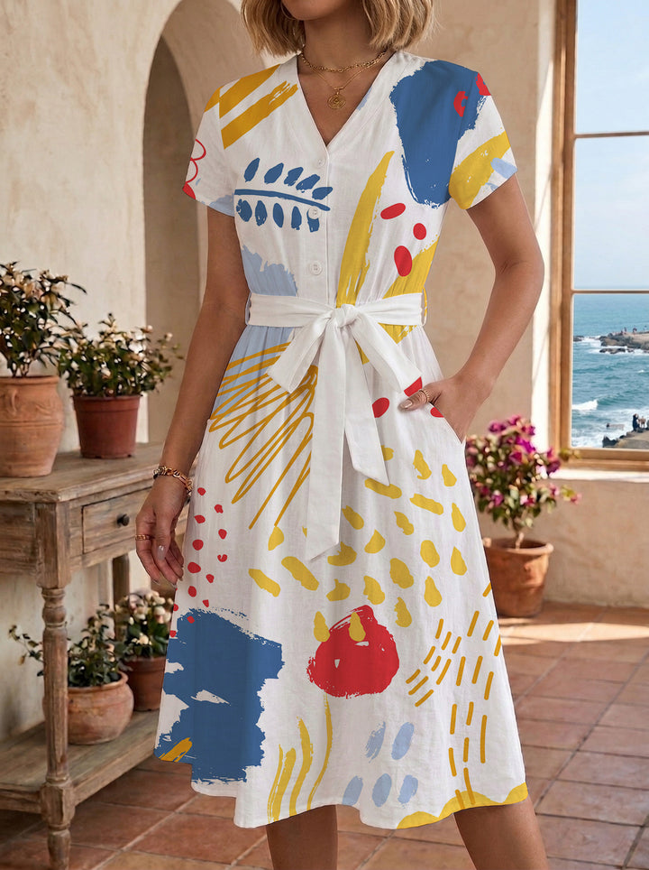 Women’s midi dress with colorful floral design and adjustable tie belt Lune London