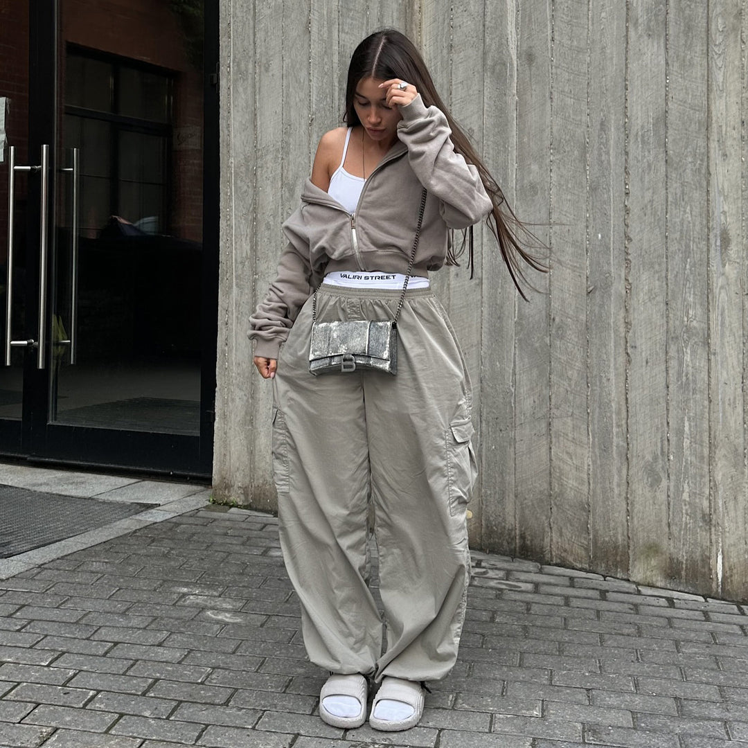 Casual utility style cargo pants for women with an elastic waistband and practical pockets Lune London