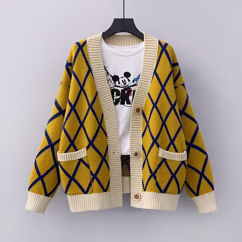 Ladies chunky knit checked pattern cardigan Lune London