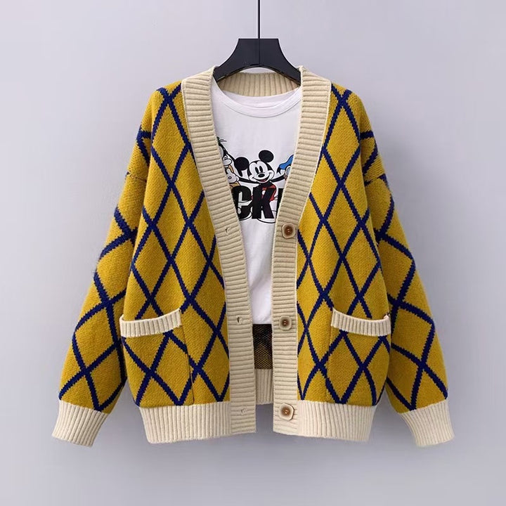 Ladies chunky knit checked pattern cardigan Lune London