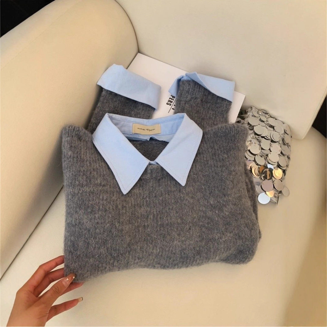 Pull tendance pour femmes avec combinaison de col de chemise intégré Chic & Stil