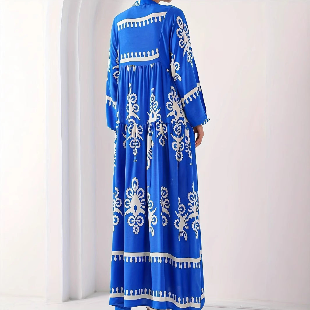 Long kaftan dress for women with floral accents and buttons Lune London