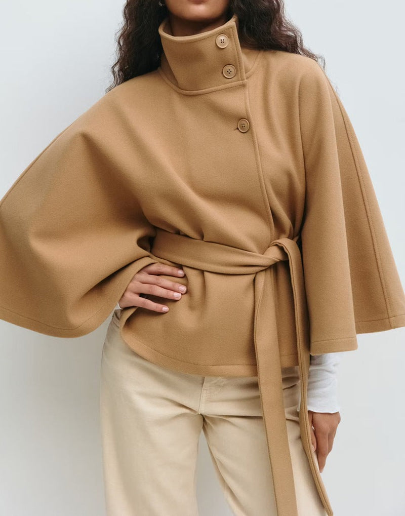 Ladies modern Cape-jacket with removable belt and high collar Lune London