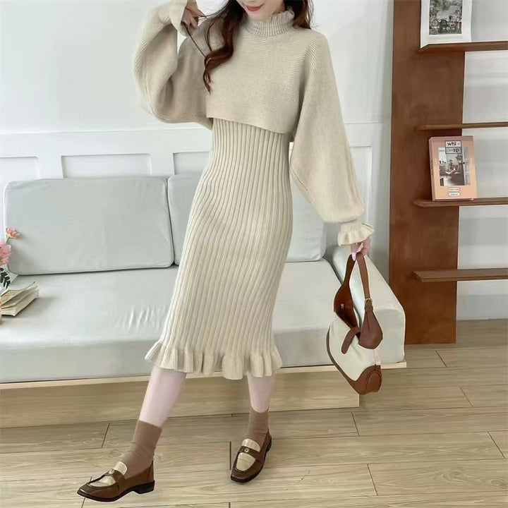 Knitted dress for women with high collar and ribbed structure Lune London