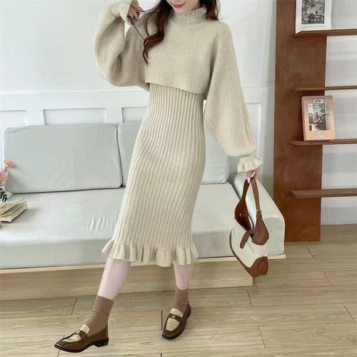 Knitted dress for women with high collar and ribbed structure Lune London