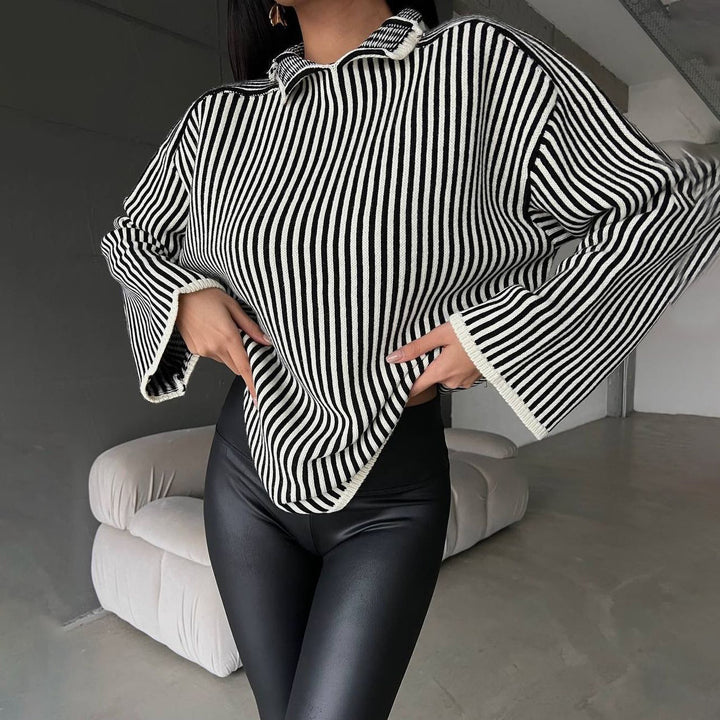 Knitted sweater for ladies with a relaxed high collar and chic elegant stripes