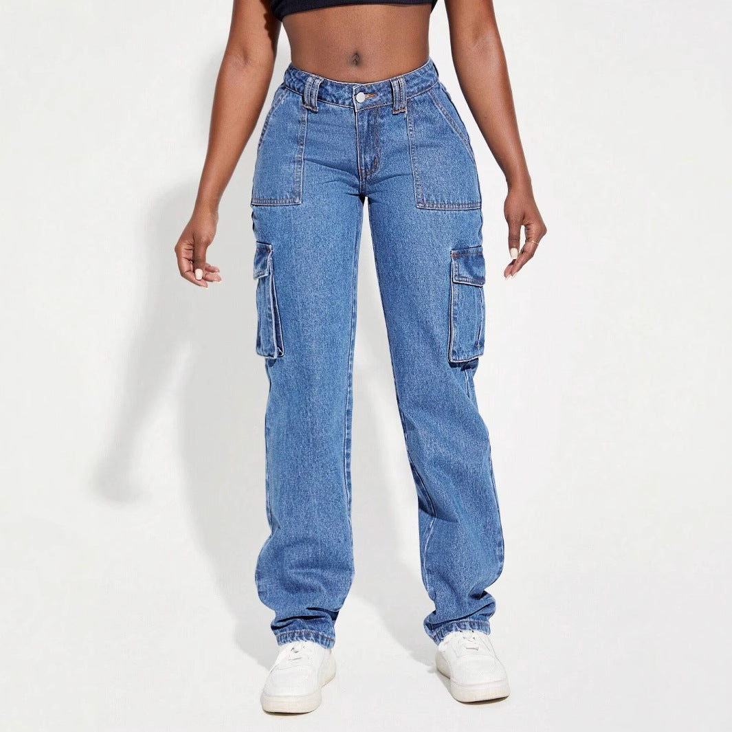 Women's cargo jeans with elastic waistband and innovative design