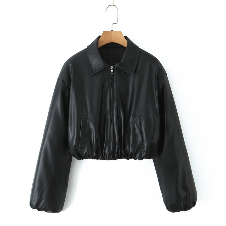 Cropped casual chic synthetic leather biker jacket for women Lune London