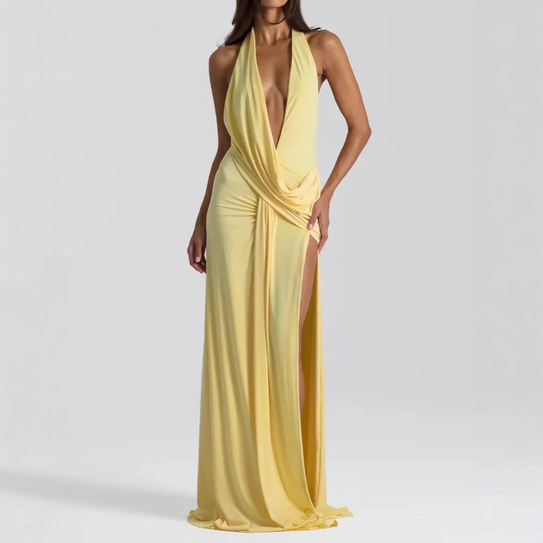 Ladies Elegant Evening Dress with Deep Neckline and Side Slit Lune London