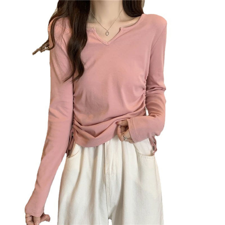 Women's versatile long-sleeve shirt with stylish V-neck and gathering Chic & Stil